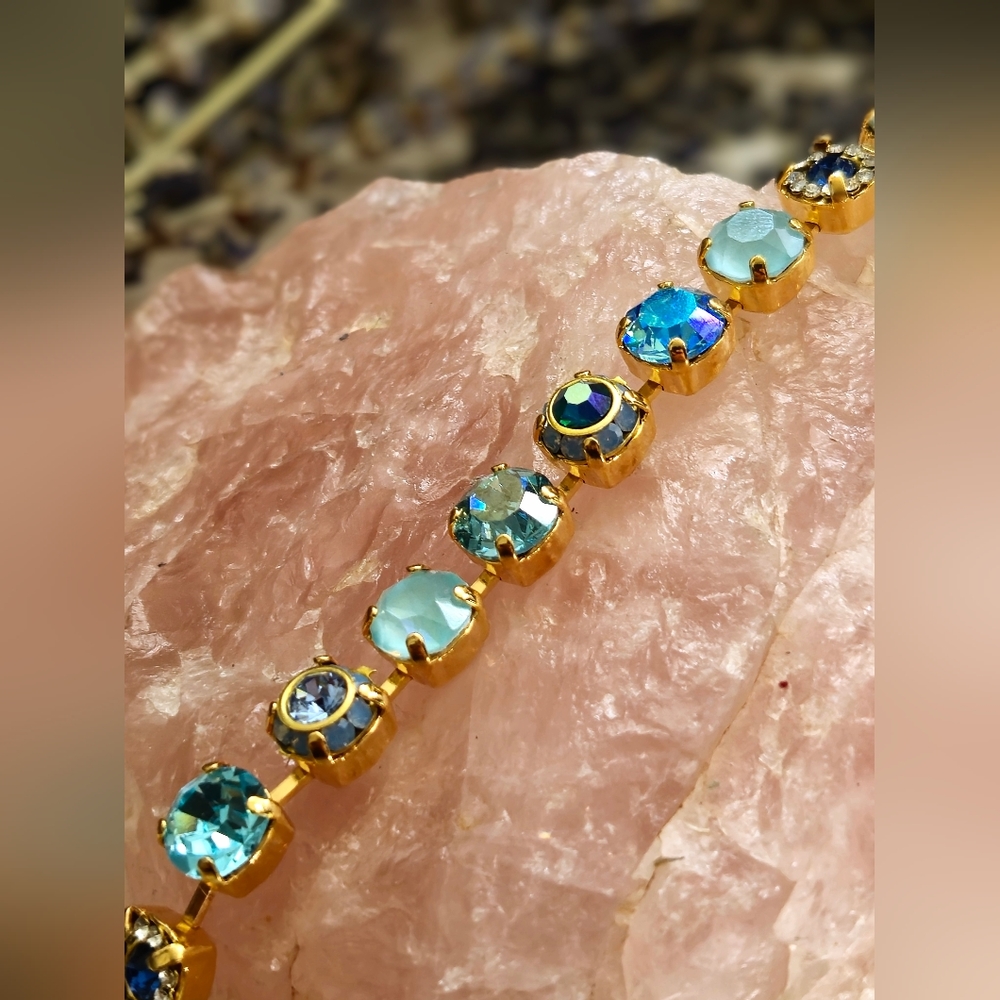 Aquamarine Light Blue Flower Crystals AB In Classic Tennis Gold Plated Bracelet - Picture 6 of 7